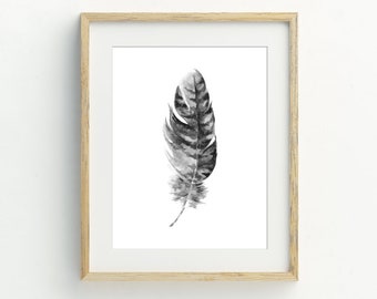 Feather Printable, Black Feather Wall Art Print, Minimalist wall decor, black and white wall art, boho wall art, 5x7, 8x10, 11x14