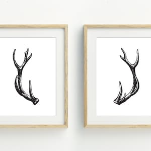 Impressões de chifres, arte de parede da floresta, download digital para impressão de chifres, impressão de arte de parede de chifres minimalista, conjunto de 2 impressões, 5x7, 8x10, 11x14