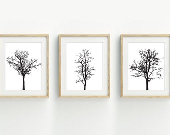 Tree Prints, Minimalist Tree Wall Decor, Woodland Wall Art, Black and White Tree Printable Art, set of 3 prints, instant digital download