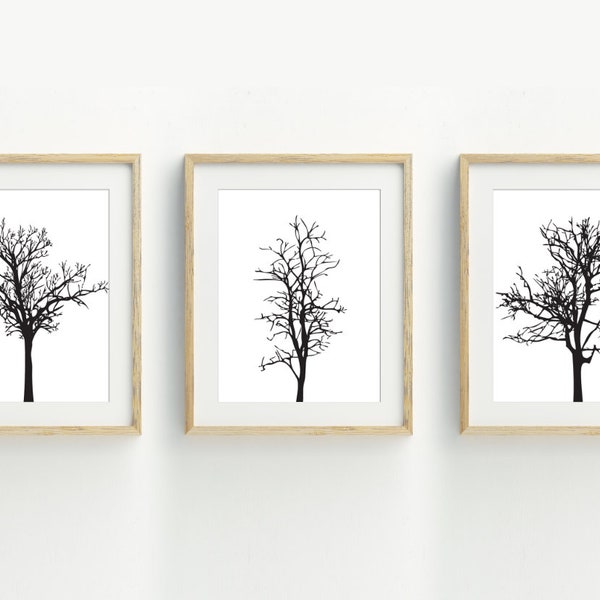 Tree Prints, Minimalist Tree Wall Decor, Woodland Wall Art, Black and White Tree Printable Art, set of 3 prints, instant digital download