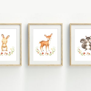 woodland nursery wall art, Rabbit deer and squirrel prints, animal wall decor, wall art, 5x7, 8x10, 11x14