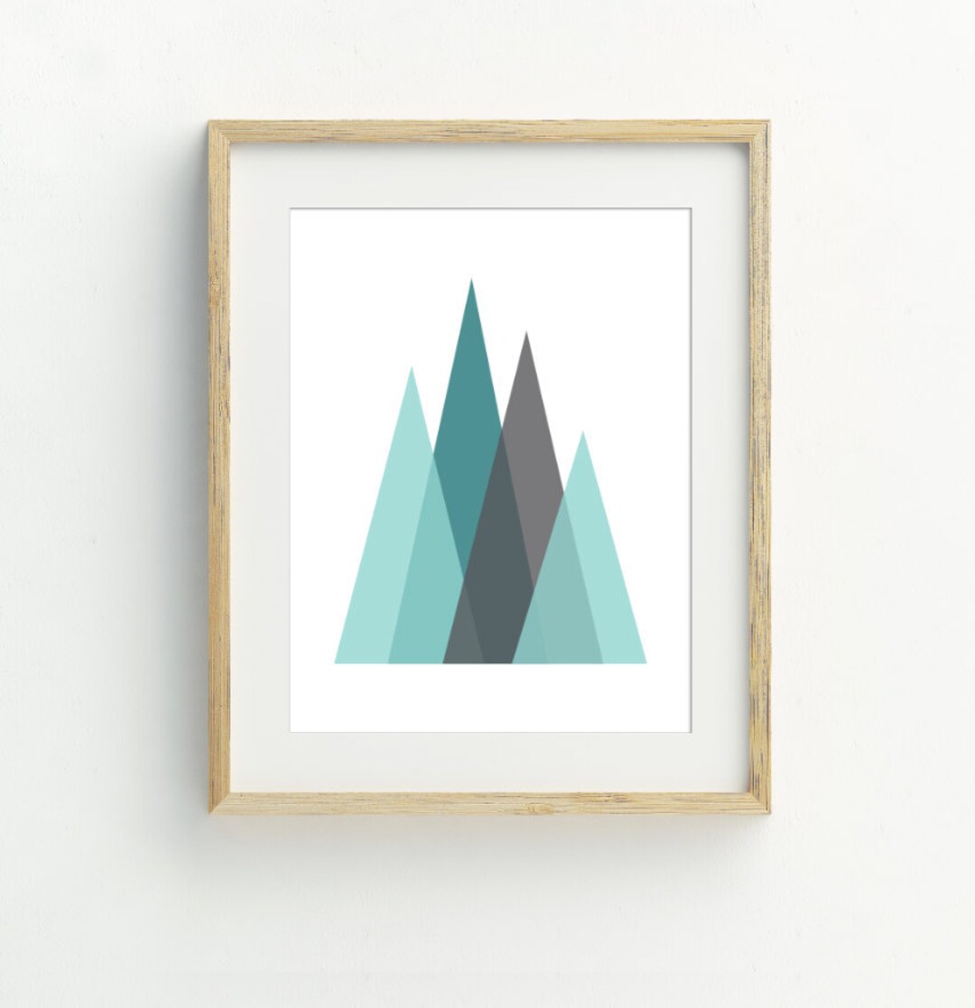 Teal and Grey Geometric Art Print, Triangle Mountains Wall Decor ...