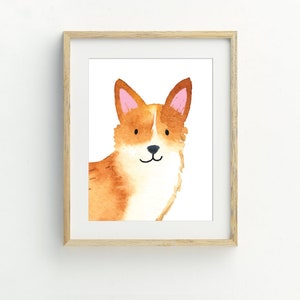 K&ouml;nnte beinhalten: Ein Aquarellbild eines braunen und wei&szlig;en Corgi-Hundes mit rosa Ohren. Der Hund schaut den Betrachter direkt an und hat einen fr&ouml;hlichen Gesichtsausdruck.