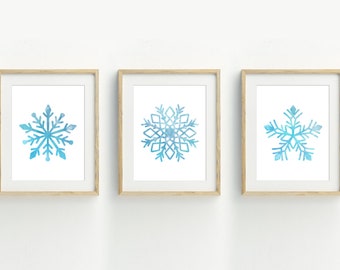 Snowflake Art Print, Christmas printable wall art, blue snowflake prints, minimalist wall art, set of 3 prints, 5x7, 8x10, 11x14