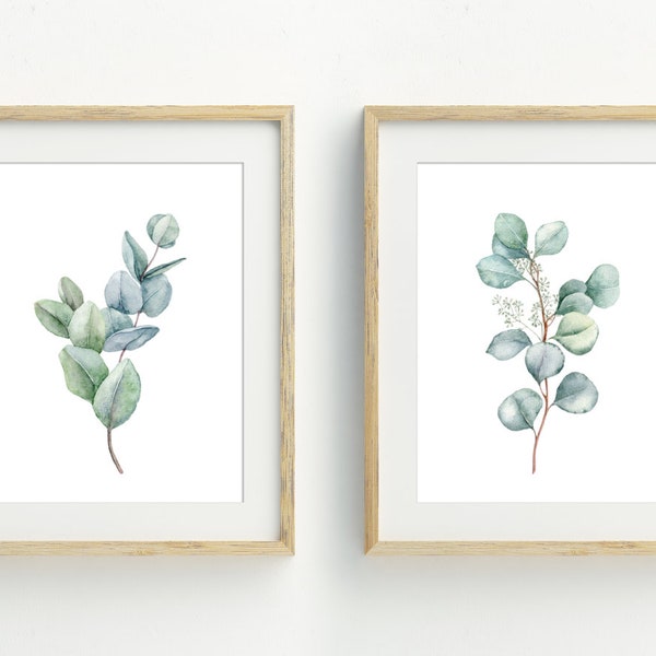 Eukalyptus Wandkunst, Botanisches Minimalistisches Dekor, 2er Set Eukalyptus Blätter druckbare Kunst, Pflanzenkunst, 5x7, 8x10, 11x14, 16x20