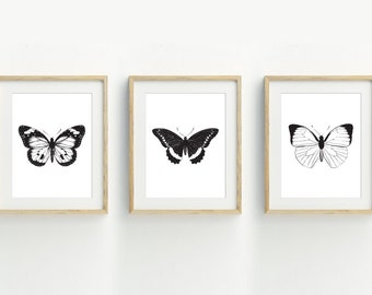 Butterfly Printable, Set of 3, Monochrome Butterfly Art Print, Minimalist home, Black and white, Monochrome Decor 5x7 8x10 11x14 16x20