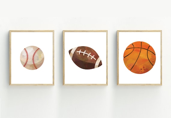 sports balls print, sports balls wall art, boy bedroom decor, football printable, basketball printable, baseball printable, set of 3