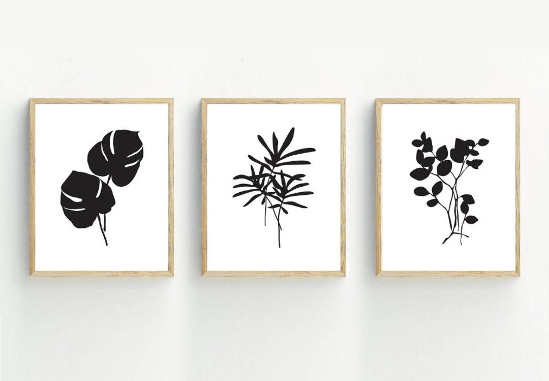 Black and White Minimalist Botanical Art Prints, Leaf Wall Art, Set of ...