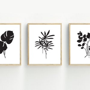 Black and White Minimalist Botanical Art Prints, Leaf Wall Art, Set of 3, branch wall art, 5x7, 8x10, 11x14