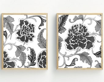 Botanical Prints, Black and White Floral wall art, set of 2, Abstract Flower Wall Decor, printable downloads, 5x7, 8x10, 11x14, 16x20