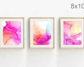 Abstrakter Kunstdruck, rosa und orange abstraktes Aquarell, Abstrakte Wandkunst, zeitgenössisches Kunstwerk, 3er Set 8x10 druckbare Dateien