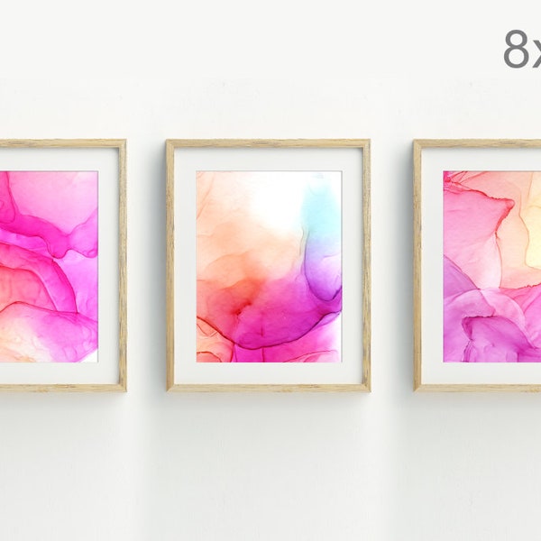 Abstract art print, pink and orange abstract watercolor, Abstract wall art,  contemporary artwork, set of 3  8x10 printable files