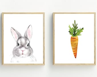 rabbit and carrot prints, rabbit wall art, carrot print, easter decor, easter prints, set of 2 printable files, 5x7, 8x10 or 11x14, 16x20