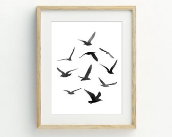 Seagulls print, black and white wall art, bird print, costal printable, beach decor monochrome minimalist decor 5x7, 8x10, 11x14, 16x20