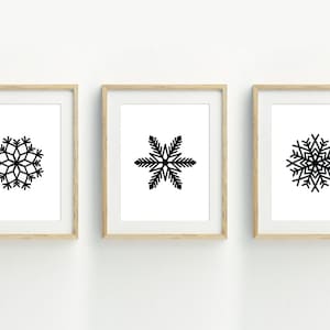 Snowflake Print, Christmas printable wall art, black and white snowflake poster, minimalist art, set of 3 prints, 5x7, 8x10, 11x14, 16x20