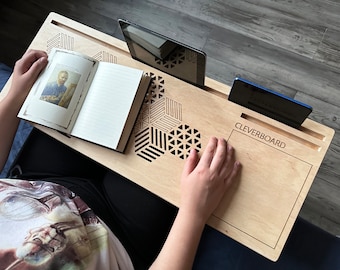 Personalized wooden stand for laptop, smartphone and tablet. Large lap desk with mouse area and vents, with laser engraving option.