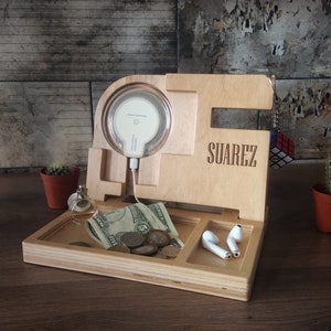 Wooden Docking Station Nightstand Valet Wooden Phone Stand iPhone charging station Mens Gift Tech Gifts Qi Charge Pad Made  Watch stand