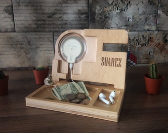 Wooden Nightstand Docking Station, Personalized Phone & Watch Stand