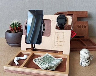 Handmade Wooden Cell Phone Docking Station: Desk Organizer & Wireless Charging