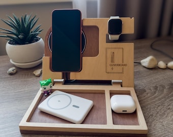 Handcrafted Wooden Phone Docking Station with Watch Holder