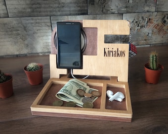 Wooden Docking Station: Nightstand Organizer, Phone & Watch Stand, Men's Gift