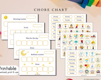 Haushaltsplaner für Kinder zum ausdrucken. Visueller Stundenplan für Kleinkinder, der bei der täglichen Routine helfen soll. Diagramm der Verantwortung für Kinder im Vorschulalter.