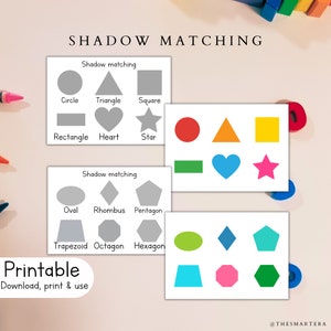 May include: Printable shadow matching activity for kids.  The worksheet features a variety of shapes, including a circle, triangle, square, rectangle, heart, star, oval, rhombus, pentagon, trapezoid, octagon, and hexagon.  The shapes are in gray and the shadows are in various colors.