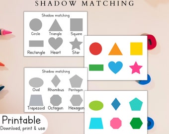 Attività di abbinamento di forme e ombre per bambini piccoli. Libro di attività sulle forme stampabile. Attività di apprendimento prescolare. Gioco di carte di abbinamento.