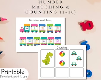 May include: Printable worksheet for kids to practice number matching and counting. The worksheet features a train with numbers 0-10 and a separate section with a dinosaur, beach balls, and cars for counting.