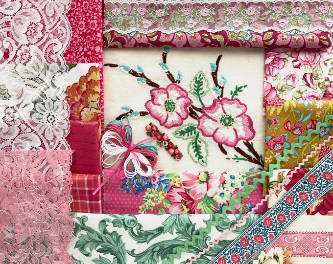Pink & Raspberry Fabric Bundle With Vintage Embroidery, Fabrics, Lace ...
