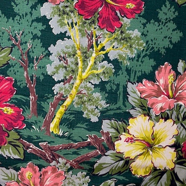 Gorgeous Vintage Bark Cloth in Brilliant Colors: Green, Rose, Yellow, Chartreuse, "Key Largo", 38 x 48"