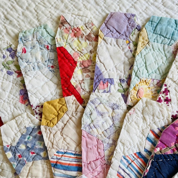 Vintage Quilt Tags For Junk Journals, Gift Tags, Fabric Brooches, Ornaments, Slow Stitching, Bunting... Set of 6 Ready to Embellish!