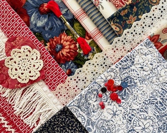 BIG Slow Stitch Kit/Bundle of Red Blue & White Fabric/Quilt Pieces, Fringe, Lace, Buttons, Beads, Floss, Crochet Medallion: Journals, Sewing