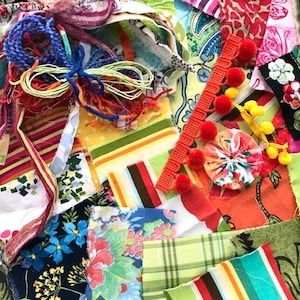 Summer Fabric Scrap Bag, Sunny Colors, Skinny Strips, Snippets, Fibers, Trims, Yoyo: Slow Stitching, Collage, PLEASE READ DESCRIPTION image 2