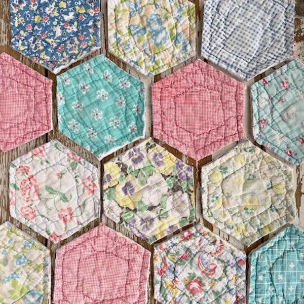 Hexi Cutter Quilt Scraps, 5 x 5", Set of Three, Salvaged Quilt: For Slow Stitching, Patches, Appliqués, Junk Journals, Tags, Etc.