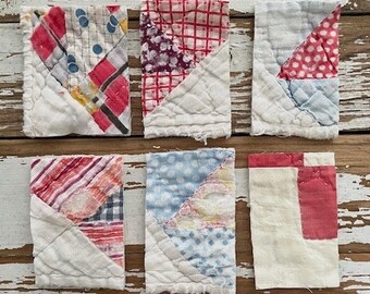Six Shabby Cutter Quilt Pieces, 2 x 3", to Finish as Gift Tags, Journal Tags, Hang Tags. Very Soft and Generously Loved. Hand Stitched