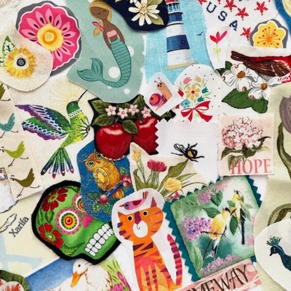 Fussy Cut Fabric Snippets, Birds, Flowers, Lighthouse, Fruit, Etc. Various Sizes/Styles, 25+ Pieces for Slow Stitching, Journals, Collage