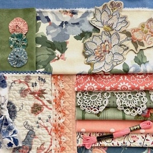 Garden Gone Wild Slow Stitch Kit, Vintage Fabric/Quilt/Trims in Shades of Blue, Green Peach: For Journals, Collage, Slow Stitch