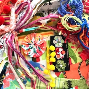 Summer Fabric Scrap Bag, Sunny Colors, Skinny Strips, Snippets, Fibers, Trims, Yoyo: Slow Stitching, Collage, PLEASE READ DESCRIPTION image 10