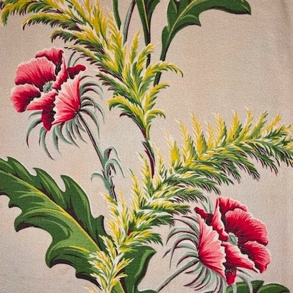 Classic Midcentury Barkcloth, Tropical Print w Big Foliage & Hibiscus Blooms; Green, Pink, Rose, Turquoise, Chartreuse on a Tan Background