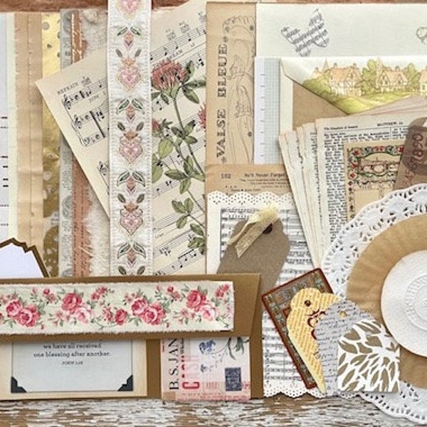 Pretty Junk Journal Kit, Paper Bundle, 45 Pieces: Fabric, Lace, Gold Accents, Tags, Music, Tissue, Envelopes for Junk Journals, Mixed Media