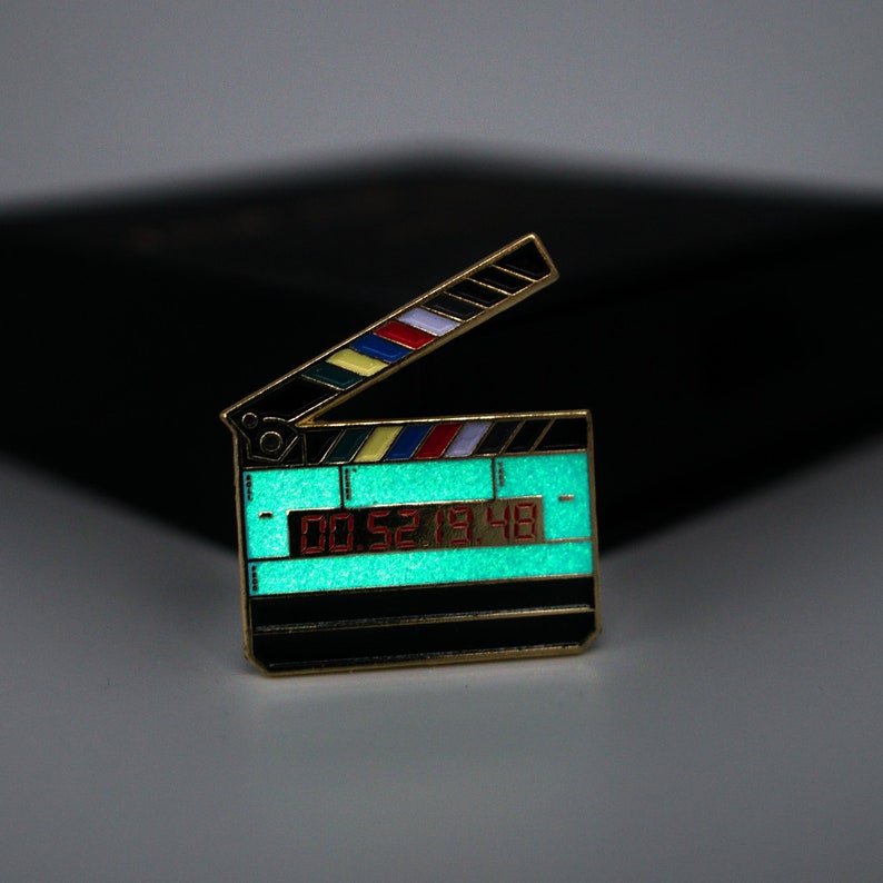 Glow in the dark timecode film slate movie clapper enamel pin Great gift for filmmakers, movie lovers and sound department image 3