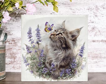 Cat and Butterfly Ceramic Tile, Whimsical Cat Art, Cat Lover Gift