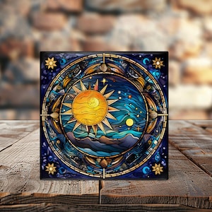 Celestial Ceramic Tile, Sun Moon Stars Design, Galaxy Decor