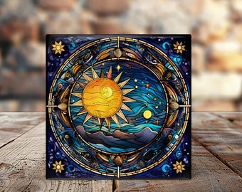 Celestial Ceramic Tile, Sun Moon Stars Design, Galaxy Decor