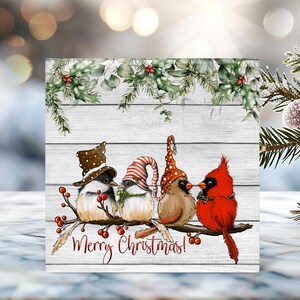 May include: A white wooden sign with a Christmas theme. The sign features four birds with red and white hats and a red cardinal with a bow. The sign says "Merry Christmas!"
