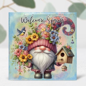 May include: A gnome with a pink hat and a white beard holds a birdhouse with a bluebird perched on a branch. The gnome is surrounded by flowers and the text "Welcome Spring" is written above the gnome.