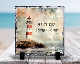 Lighthouse Rock Slate Tile With Stand Nautical Decor Plaque With Inspirational Quote