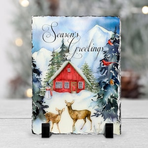 Woodland Christmas Slate Tile,  Rustic Holiday Decor, Snowy Winter Scene Decoration, Deer and Cardinals Display Plaque