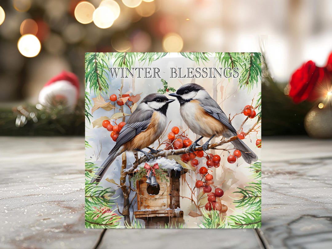 Winter Chickadees Tile Decor With Holly and Mistletoe, Rustic Winter
